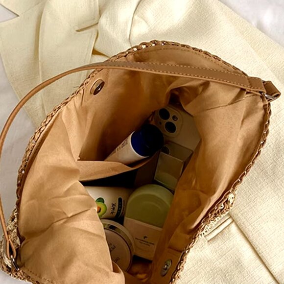 Resort Retreat Boho Charm Rattan Straw Woven Tote Summer Bag Purse Beige Cream - Picture 4 of 4